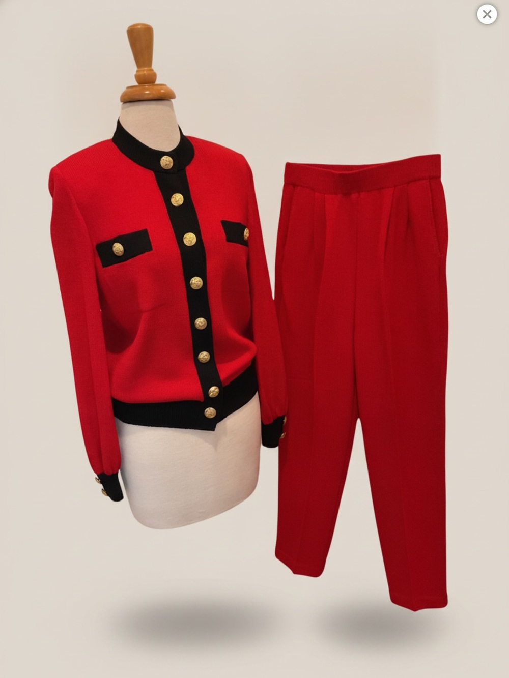 St. John Red Knit Jacket & Trouser Set with Black Trim
